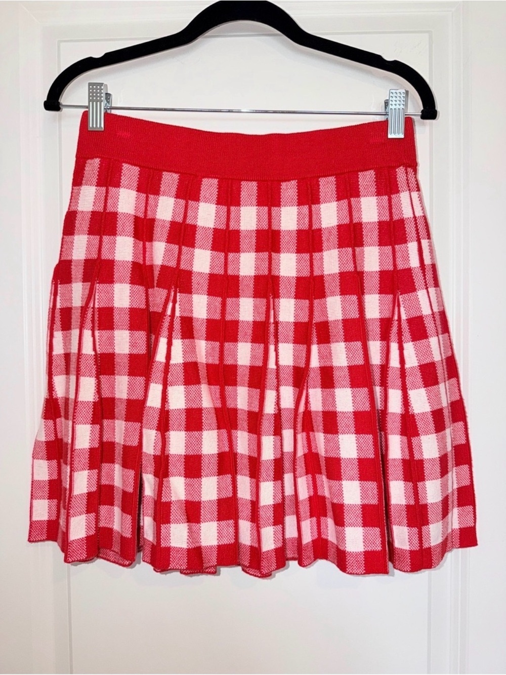 Free Assembly, Red & White Gingham Knit Sweater and A-line Skirt Set, Red, L - Picture 8 of 11